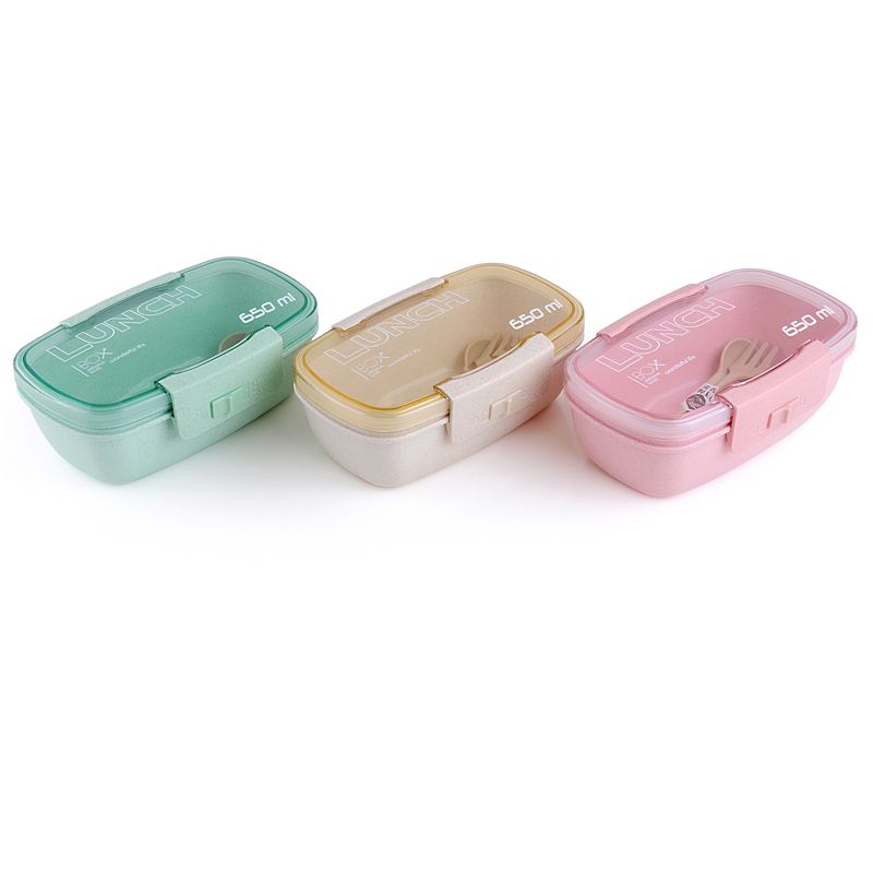 Wheat Straw Lunch Box Sealed Single-Layer Bento Box With Spoon And Fork Set Lunch Box In Student Dining Hall Item Picture