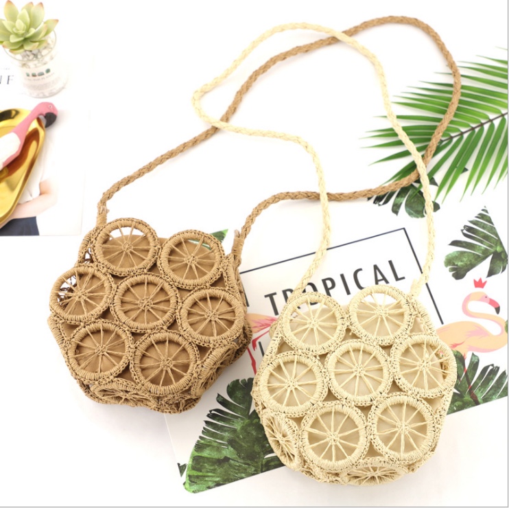 Factory Price Direct Sales Ins New Circle Hollow Paper Rope Braided Bag Diagonal Straw Braided Beach Bag Casual Female Bag