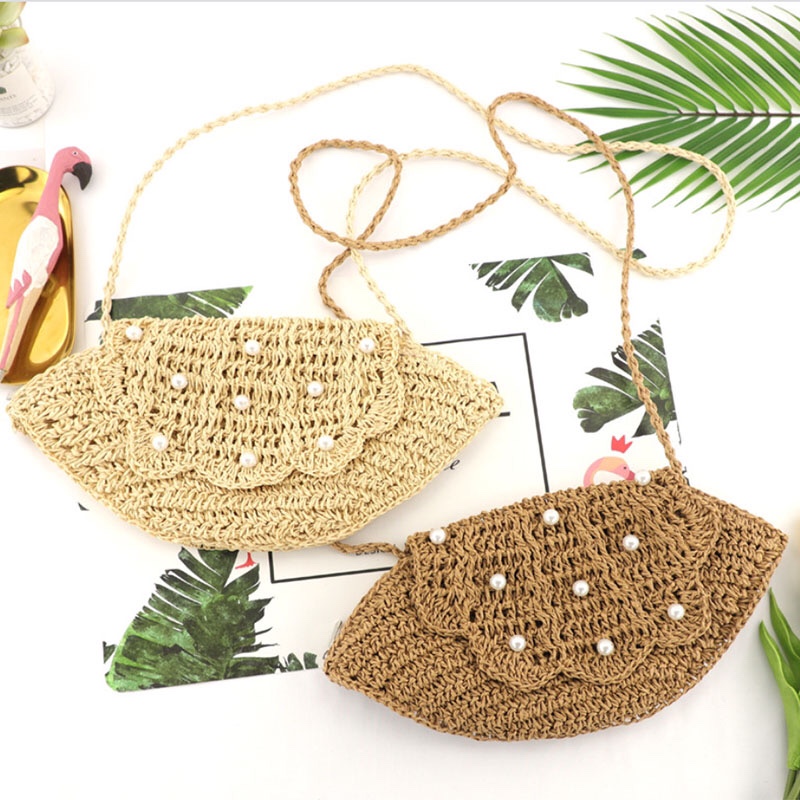 New Straw Bag Paper Rope Hook Flower Shell Pearl Hand-Woven Bag Casual Women Bag Beach Bag