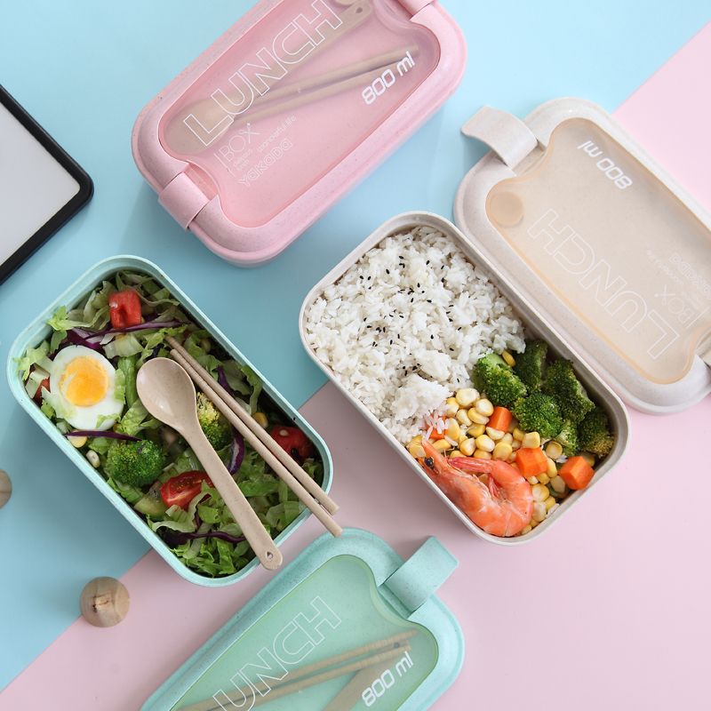 日式小麦秸秆单层饭盒学生女可微波炉加热带盖便当盒上班族午餐盒