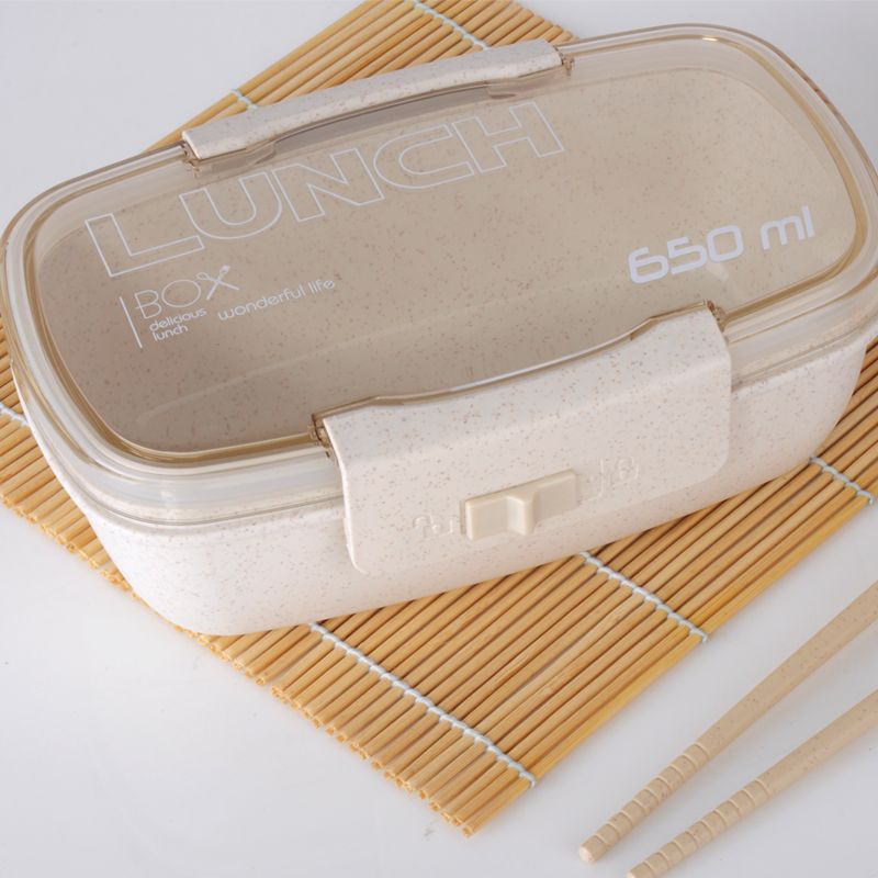 Wheat Straw Lunch Box Sealed Single-Layer Bento Box With Spoon And Fork Set Lunch Box In Student Dining Hall Specification drawing