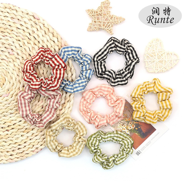 A fresh and cute striped checkered hair tie and hair band, fashionable and versatile on Instagram, large intestine circle hair band, a hair accessory for girls detail image 1