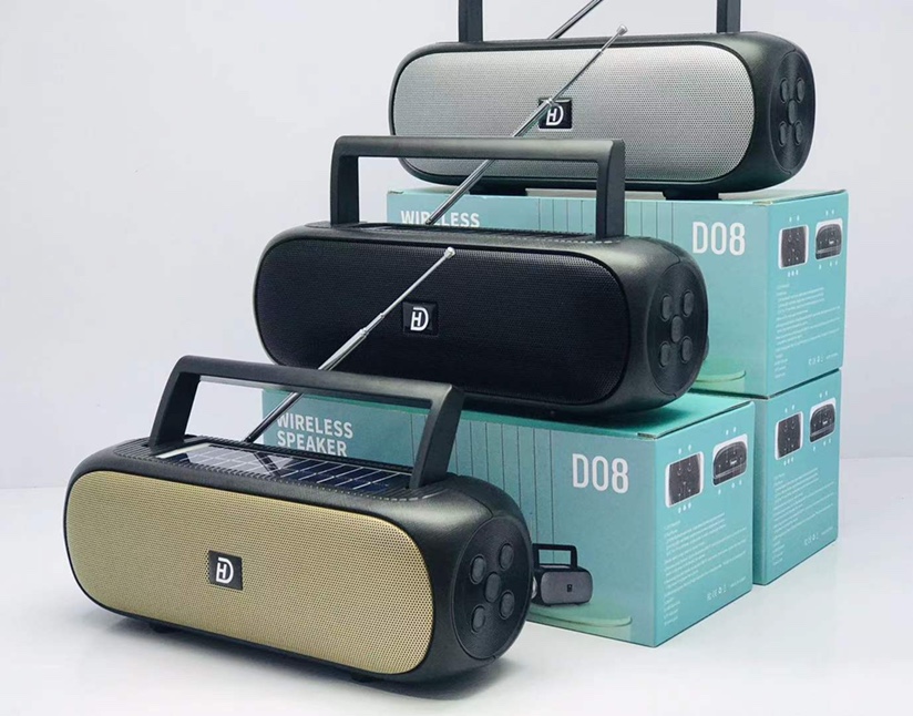 New solar speaker: D08 🎉🎉 product size: 235*95* 85MM outer box size :54.5*50*41.5CM box number: 40 pieces gross weight: 28.4KG color: black/gold/gray [rose]