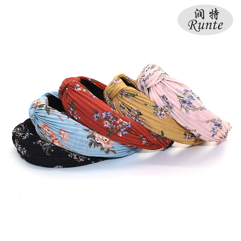 New European and American chiffon printed fabric headband hair accessory, fashionable and retro, cross knot wide edge headband for women detail image 1