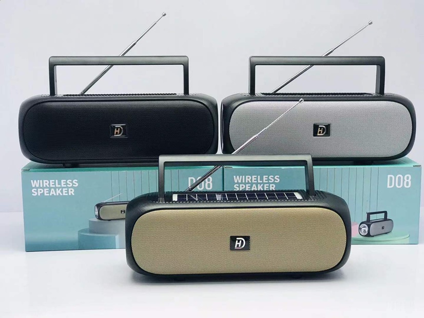 New solar speaker: D08 🎉🎉 product size: 235*95* 85MM outer box size :54.5*50*41.5CM box number: 40 pieces gross weight: 28.4KG color: black/gold/gray [rose] Item Picture