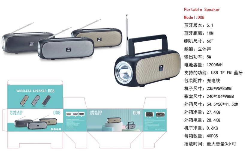 New solar speaker: D08 🎉🎉 product size: 235*95* 85MM outer box size :54.5*50*41.5CM box number: 40 pieces gross weight: 28.4KG color: black/gold/gray [rose] undefined
