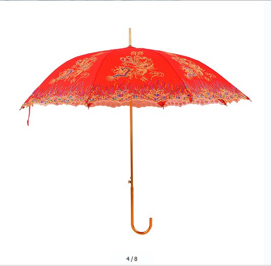 Red wedding lace trim wedding umbrella, double-layer dragon and phoenix auspicious embroidered wedding umbrella details Picture