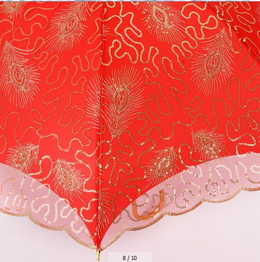 The manufacturer's new double-layer lace wedding umbrella, peacock embroidered bride umbrella, long-handled red dowry umbrella Item Picture