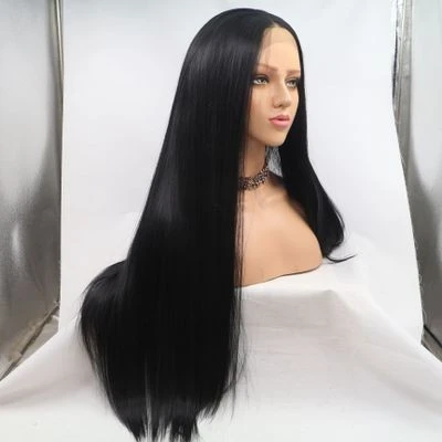 European and American wig for women, high-temperature black long straight hair, lace synthetic fiber wig head cover detail image 2