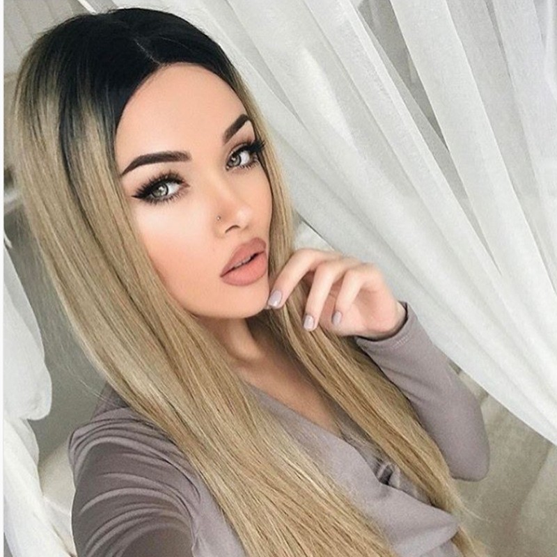 热销欧美假发女士染色黑渐变酒红中分长直发彩色化纤发套详情图2