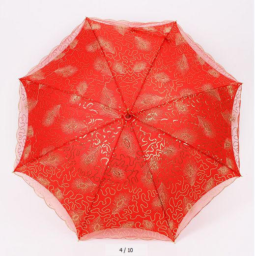 The manufacturer's new double-layer lace wedding umbrella, peacock embroidered bride umbrella, long-handled red dowry umbrella details Picture