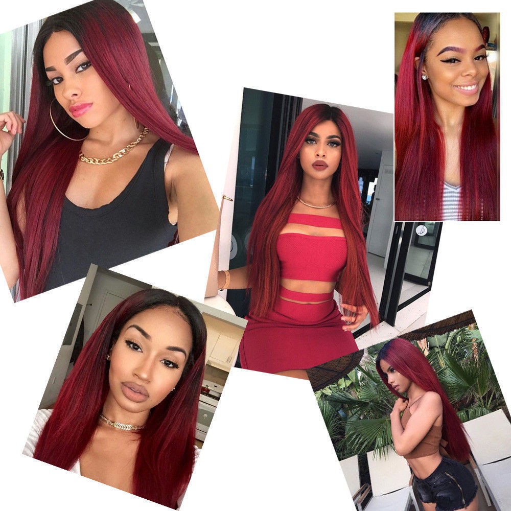 热销欧美假发女士染色黑渐变酒红中分长直发彩色化纤发套详情图3