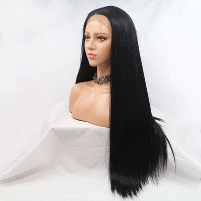 European and American wig for women, high-temperature black long straight hair, lace synthetic fiber wig head cover detail image 4