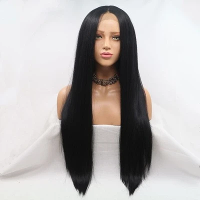 European and American wig for women, high-temperature black long straight hair, lace synthetic fiber wig head cover detail image 1