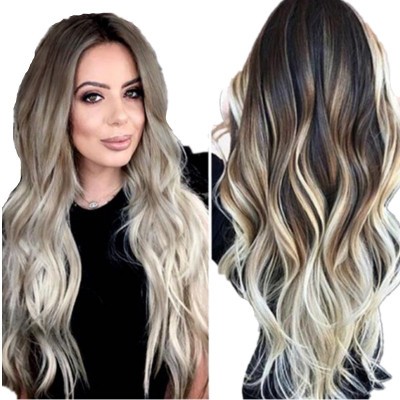 New best-selling wigs are directly supplied from the factory. Dyed mid-parted synthetic fiber hair, brown mixed color gradient mid-parted long curly hair detail image 3