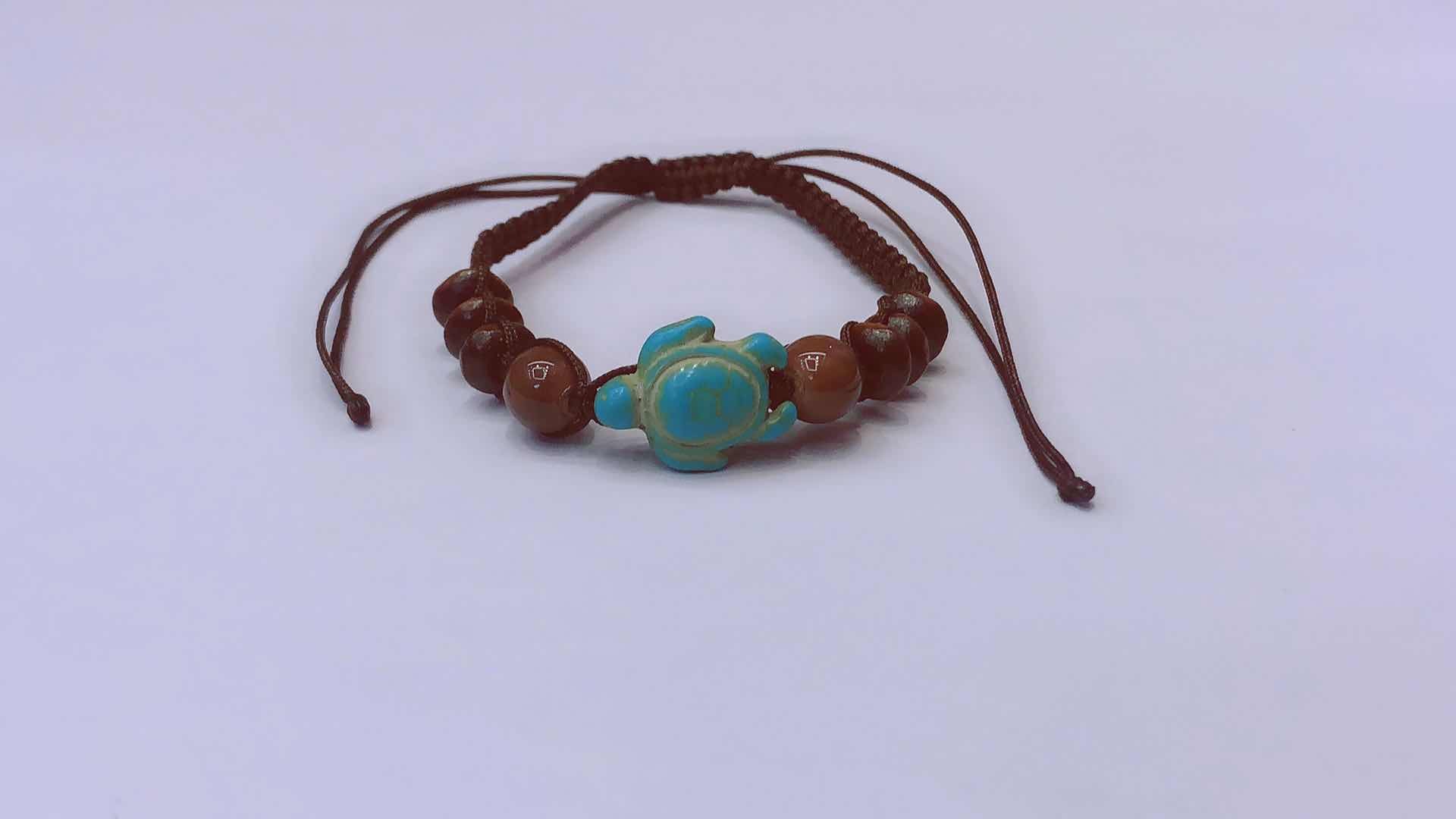 Plain knot woven bracelet 4x8 abacus beads, glass beads and turquoise turtle pic 2