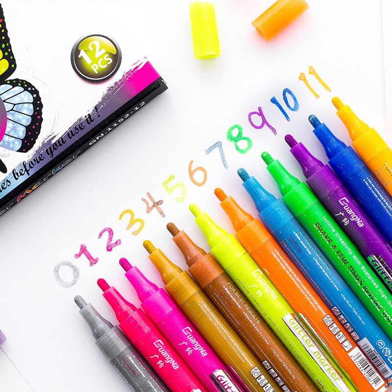 A wide range of colored glitter markers, 1152-12 colors, graffiti, metallic color, DIY photo album, black card pen, gold powder highlighter details Picture