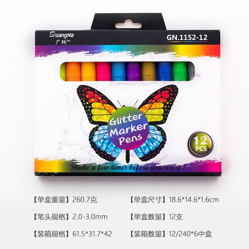 A wide range of colored glitter markers, 1152-12 colors, graffiti, metallic color, DIY photo album, black card pen, gold powder highlighter Item Picture