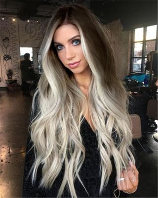 New best-selling wigs are directly supplied from the factory. Dyed mid-parted synthetic fiber hair, brown mixed color gradient mid-parted long curly hair Specification image