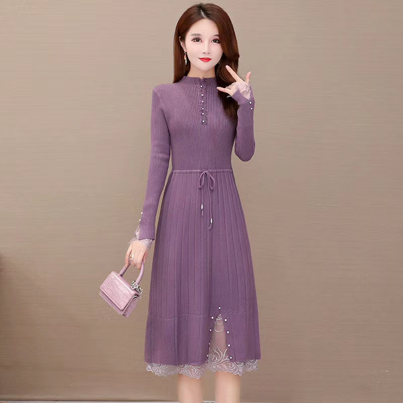 Semi-high collar elbow-fitted dress