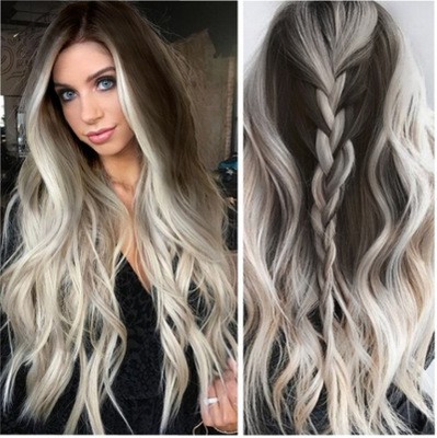 New best-selling wigs are directly supplied from the factory. Dyed mid-parted synthetic fiber hair, brown mixed color gradient mid-parted long curly hair detail image 2