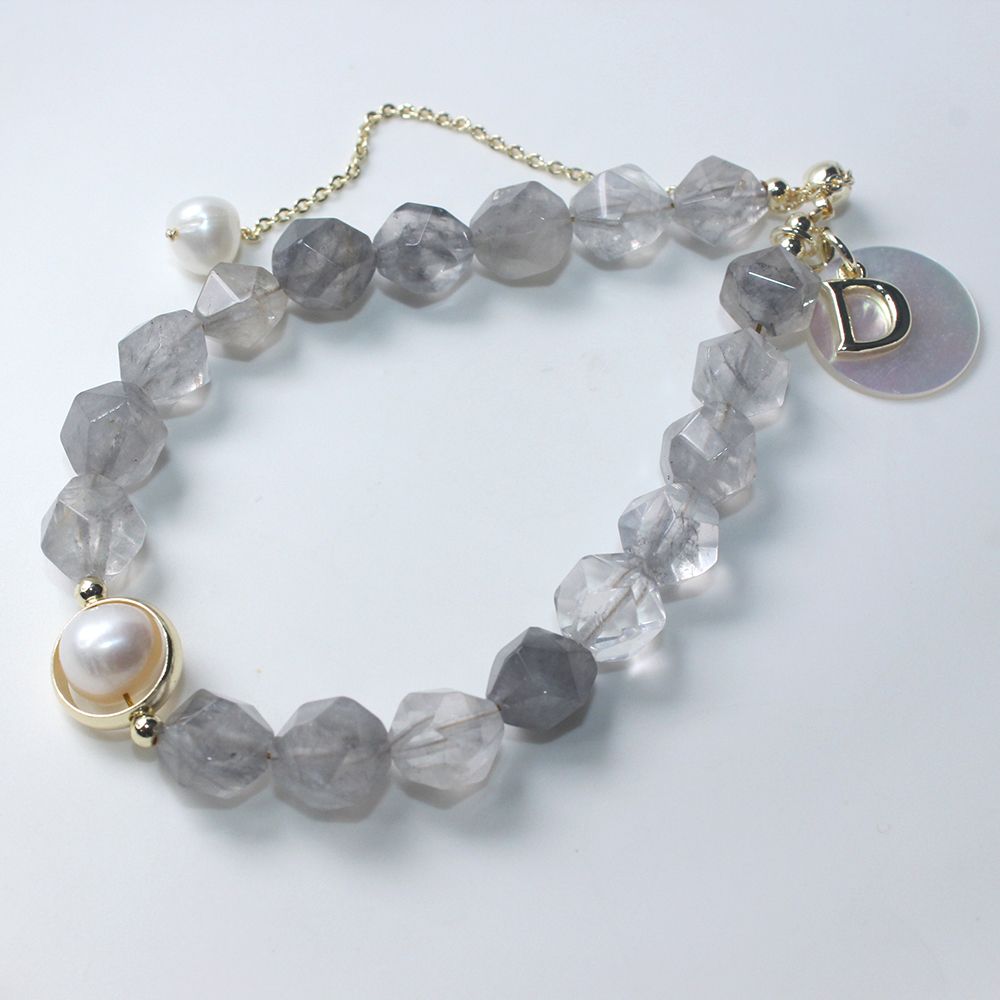 Advanced grey fluorite transfer beads bracelet freshwater pearl letter pendant personalized fashion bracelet web celebrity goddess style