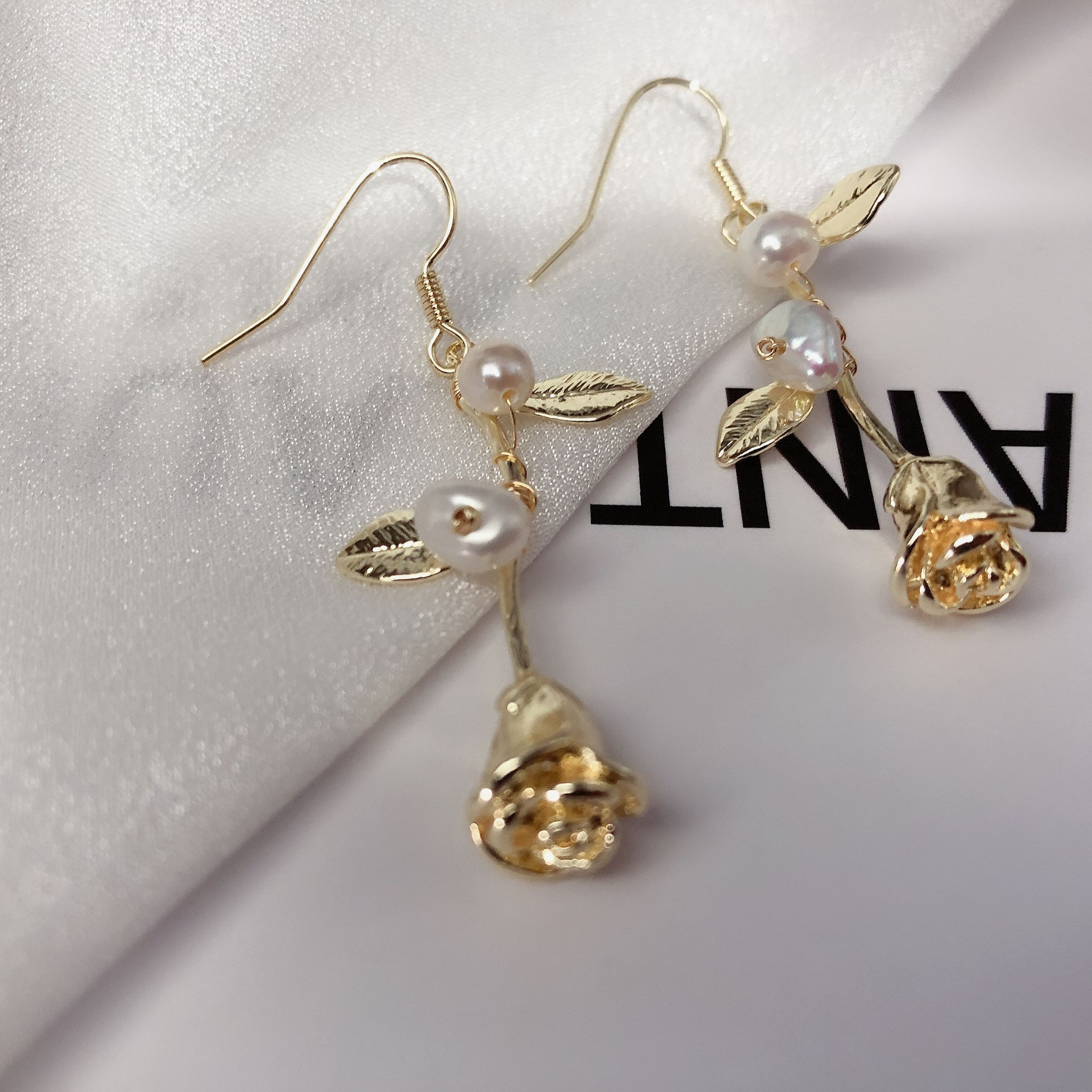 14K gold rose earhook handmade light luxury natural pearl retro temperament earrings fashion versatile personality jewelry thumbnail