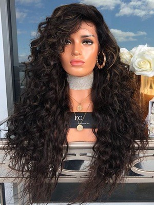 New best-selling black highlight dyed wig for women, mid-parted long curly hair, synthetic fiber high-temperature silk wig detail image 3