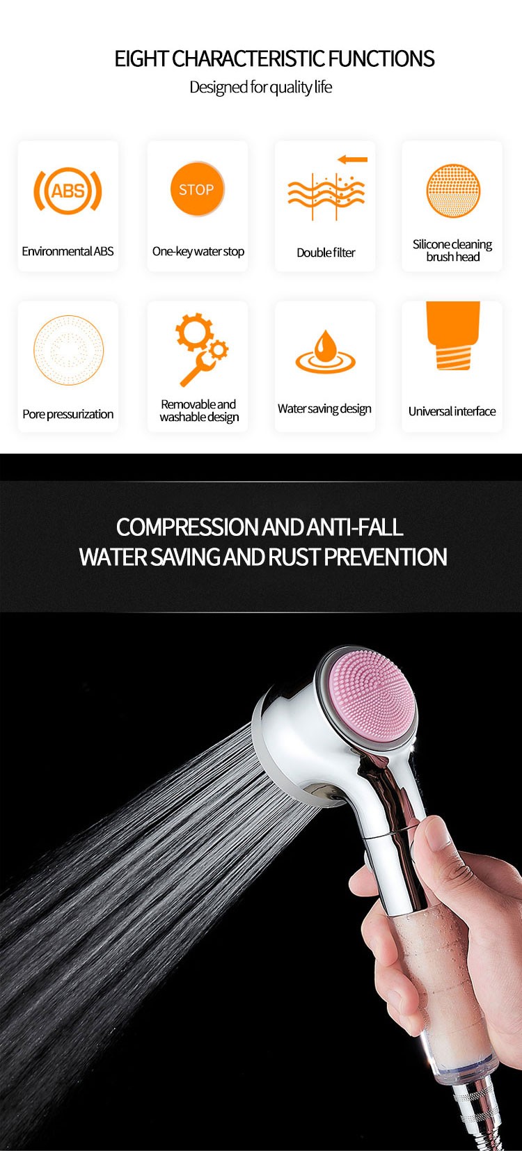Shower head, pressurized nozzle, powerful water output, single-head household, one-button water stop, filtration and purification showerhead detail image 12