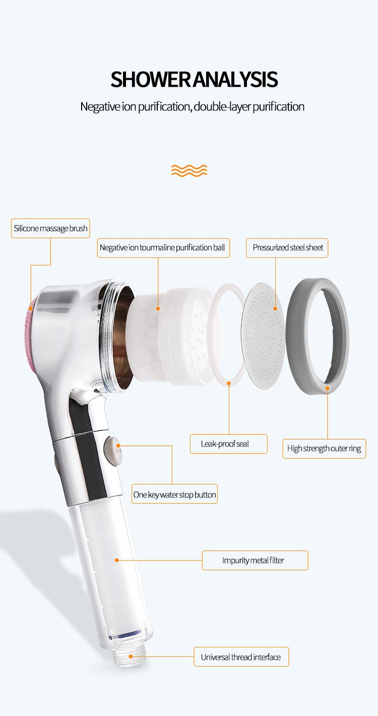 Shower head, pressurized nozzle, powerful water output, single-head household, one-button water stop, filtration and purification showerhead detail image 3