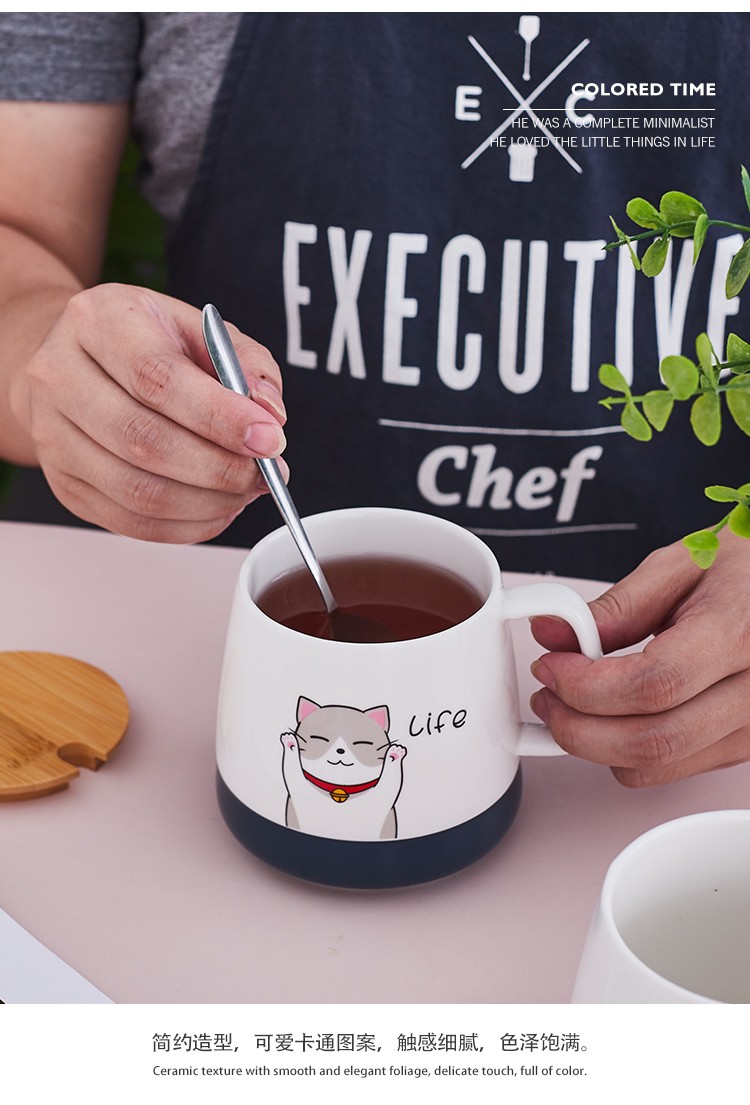卡通图案陶瓷杯家用喝水杯子带盖大肚陶瓷水杯详情图3