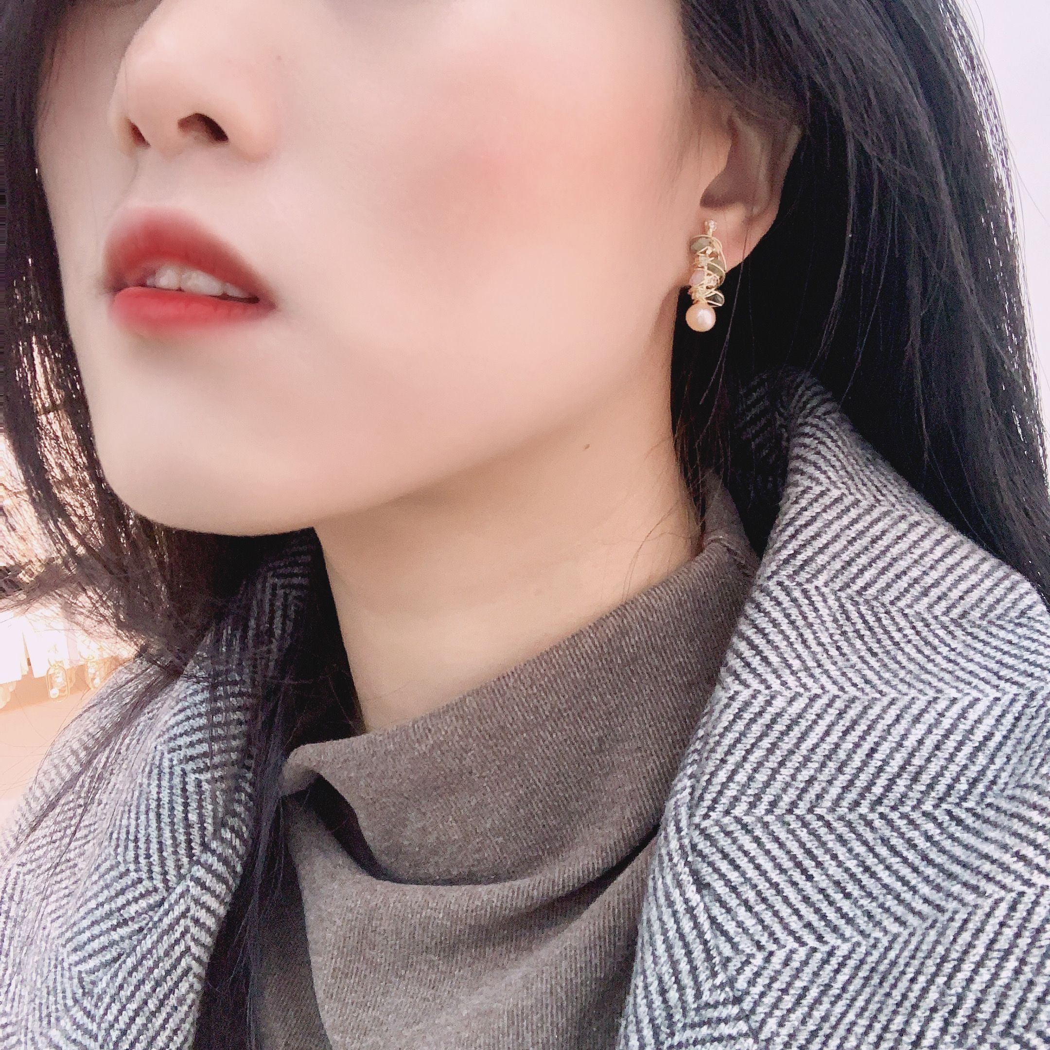 14K gold plated S925 zircon freshwater pearl earrings female Korean spring fashion style wear and wear accessories