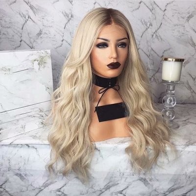 New European and American high-temperature silk synthetic fiber long golden curly hair mid-parted wig detail image 2