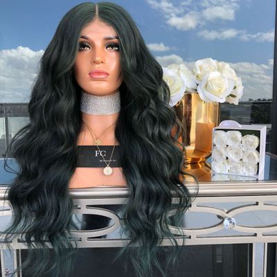 A new best-selling black wig for women, featuring long, curly hair parted in the middle and made of high-temperature synthetic fiber