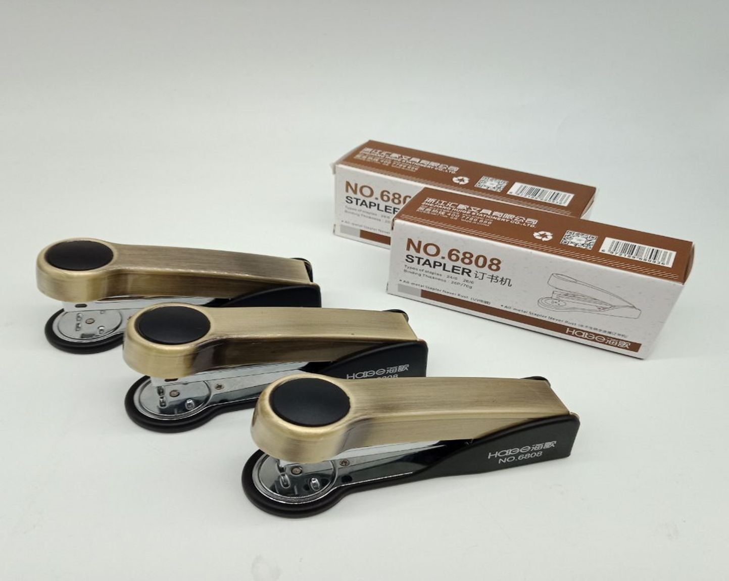 Yiwu good round head copper plated stapler #/24625 full figure