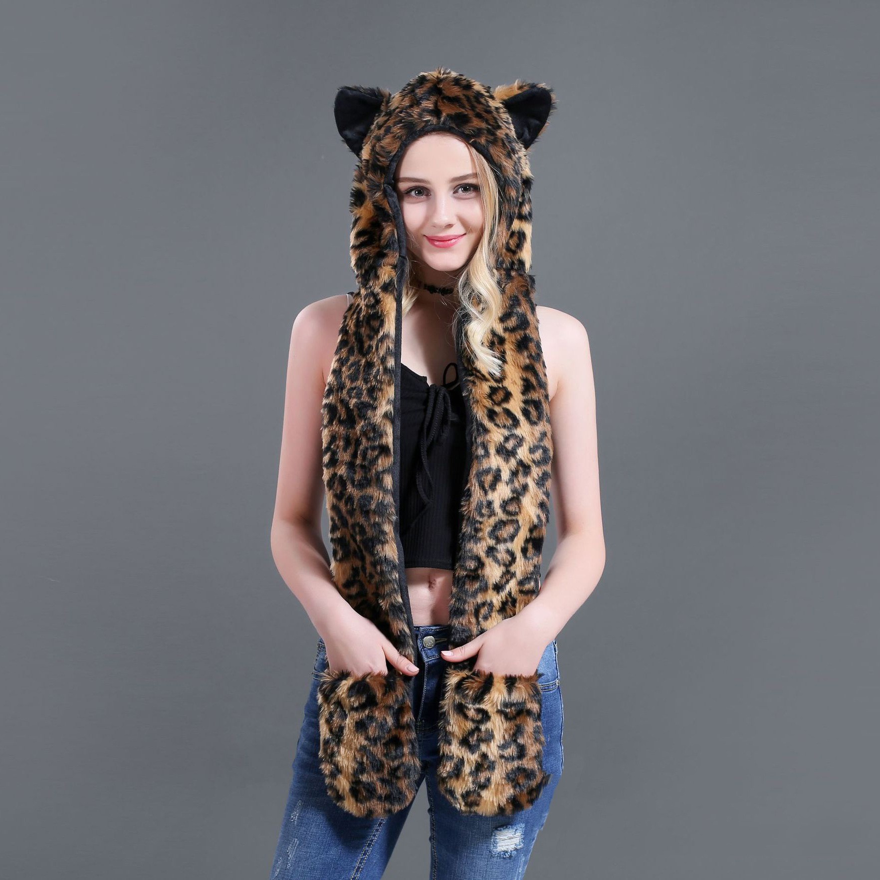 围巾帽子手套一体仿皮草帽子卡通动物帽子秋冬一体简约围巾详情11