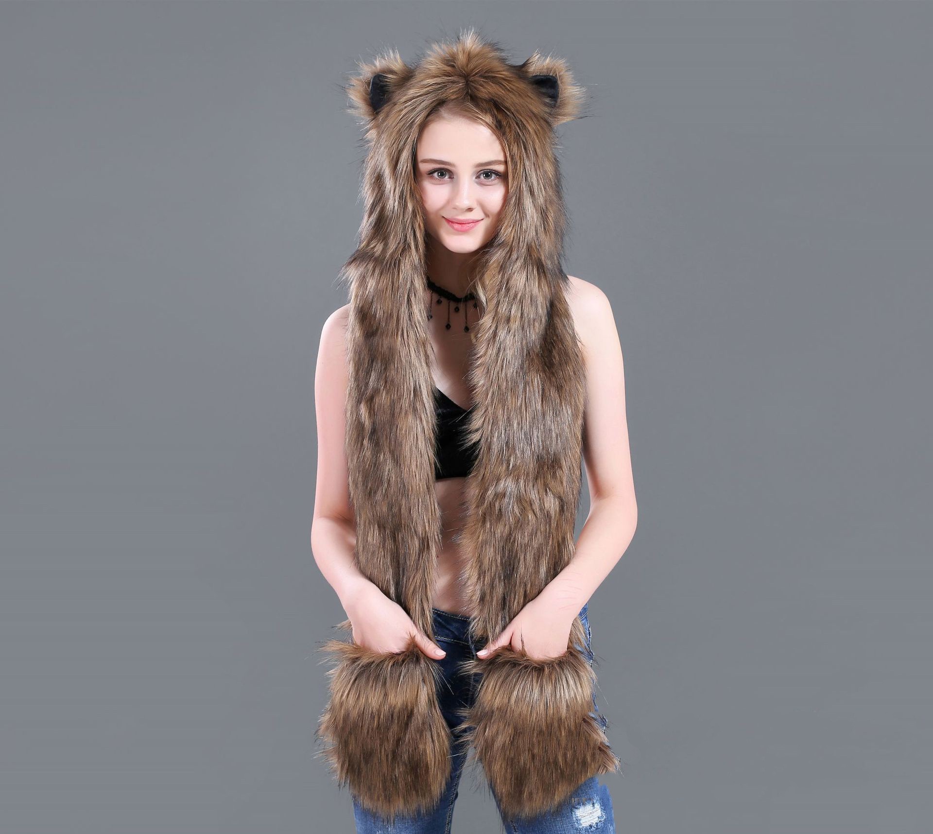 围巾帽子手套一体仿皮草帽子卡通动物帽子秋冬一体简约围巾详情7