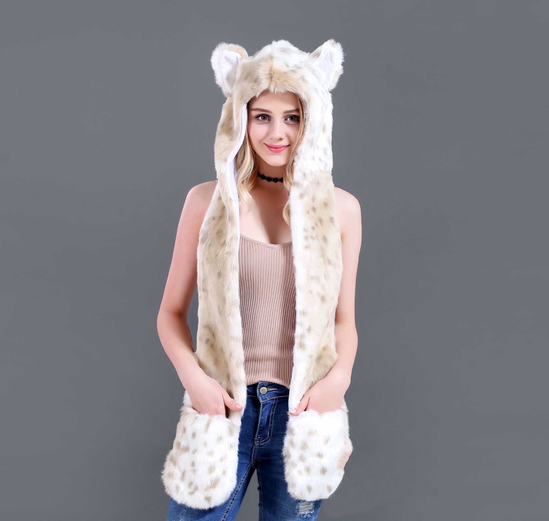 围巾帽子手套一体仿皮草帽子卡通动物帽子秋冬一体简约围巾详情6