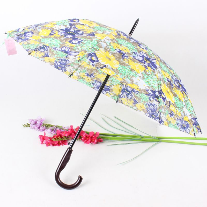 出口热销10k花布直杆雨伞 仿木弯柄雨伞