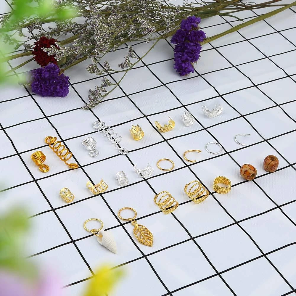 Wig, braid buckle, hair loop, large hole printed flower and wood beads, hidden silver pendant, hollowed-out flower tube set detail image 7