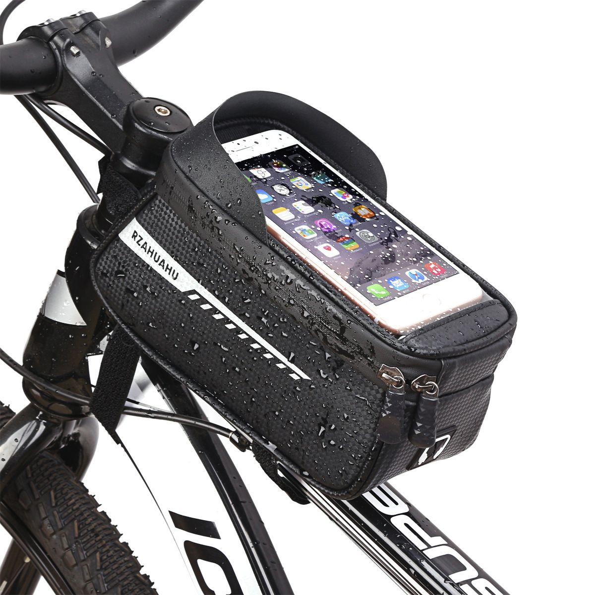 200930 Mountain bike bike bag front beam bag carbon print bike tube bag mobile phone touch screen bag riding equipment