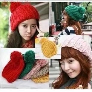 Classic Winter Ladies Candy Monochrome Big Ball Ball Handmade Knitted Hat Warm Hat Elastic Big Couple Hat full figure