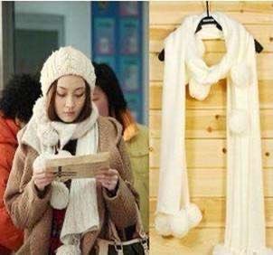 Scarf Female Autumn And Winter Korean Version Of The Tide With A Solid Color Student White Hanging Ball Knitted Wool Net Red Girl Neck details Picture