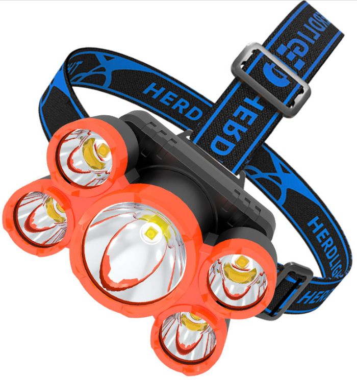 USB充电五头强光头灯 户外头戴式电筒 野营探照灯钓鱼灯