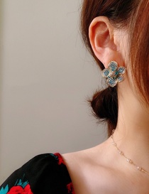Light luxury handmade miniature zircon flower earrings with blue camellia flowers