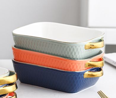 Nordic double-ear baking tray, ceramic creative, Phnom Penh cheese baked rice plate, Western plate, salad bowl, microwave oven plate and bowl Specification image