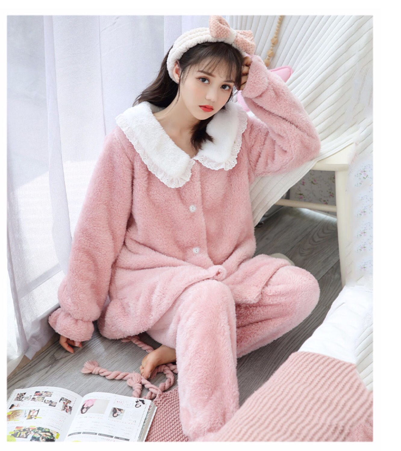 New coral fleece pajamas for women in autumn and winter, thick, warm, sweet and cute flannel home wear two-piece set in pink detail image 1