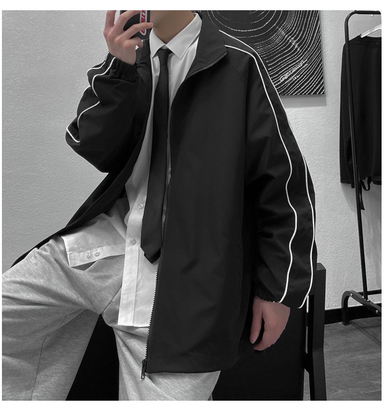 Jacket men, windbreaker men, autumn wear men, dark pluse-sized men, loose ins reflective stripe lapels, back-to-school season detail image 5