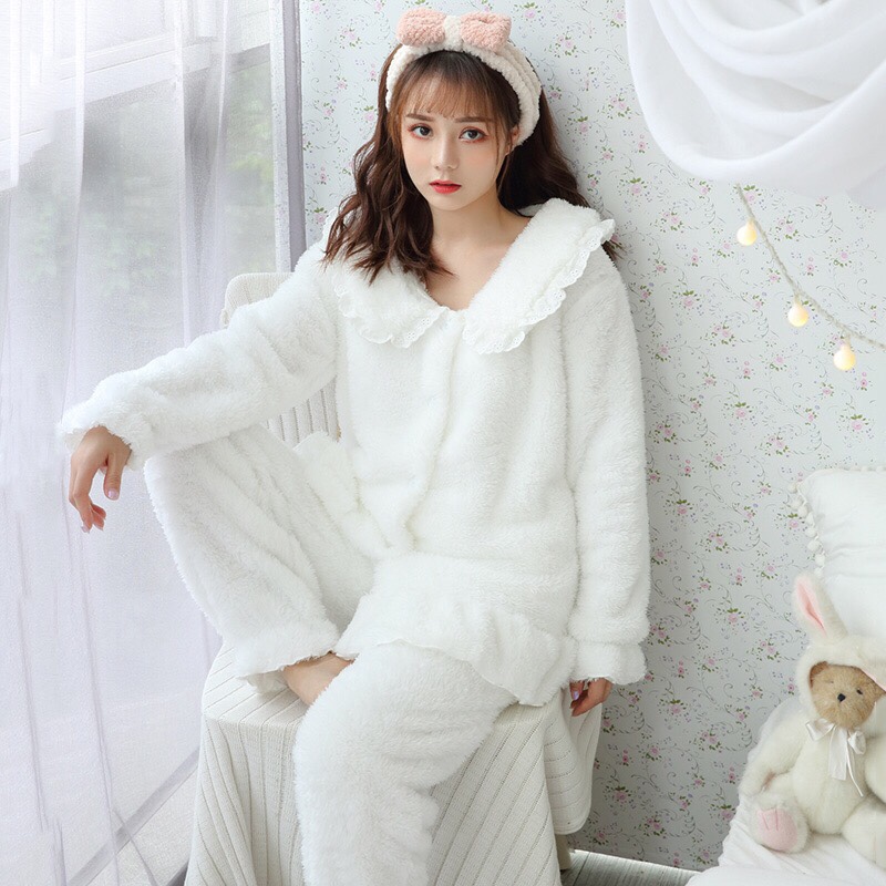 New coral fleece pajamas for women in autumn and winter, thick, warm, sweet and cute flannel home wear two-piece set in pink undefined