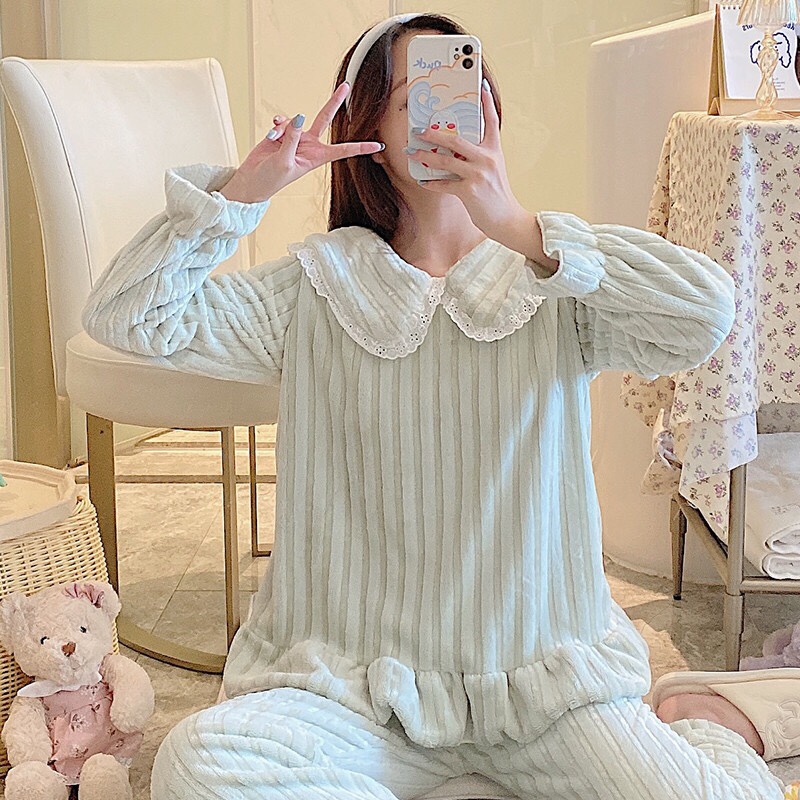 Pajama women long-sleeved autumn and winter Korean-style casual lace flannel warm thickened coral fleece solid color home wear set Specification image